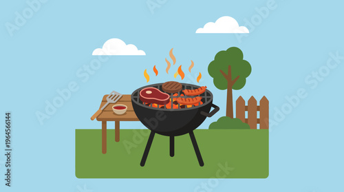 Illustration of a barbecue grill with meat and vegetables.