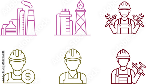 Colorful industrial line art outline icons showing factory building, oil refinery, construction worker, mechanic engineer, and labor cost vector illustrations.