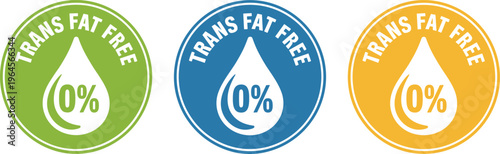 Set of three colorful circular labels for trans fat free food products featuring a 0 percent oil drop icon.