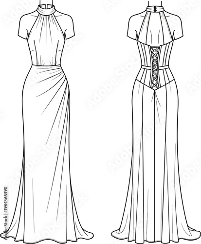 High fashion evening gown technical cad drawing flat vector illustration featuring halter neck corset lace up back and draped maxi skirt
