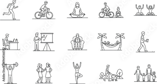 Lifestyle and activity people silhouettes vector set featuring runners cyclists office workers yoga poses and relaxation for architectural visualization.