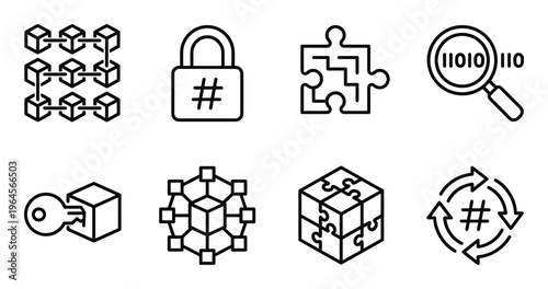 Secure cryptographic hash and decentralized puzzle icons for cybersecurity and data privacy software