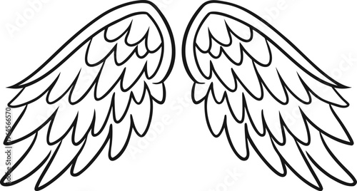 Black line of angel wings with loose lines doodle style black lines white background