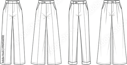 Set of women's wide leg trousers fashion flat sketches, technical CAD drawings of tailored pants, pleated culottes, and flared slacks.