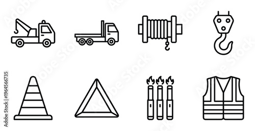 Set of 8 line icons such as tow truck, flatbed truck, winch, hook, traffic cone, warning triangle, signal flares, safety vest