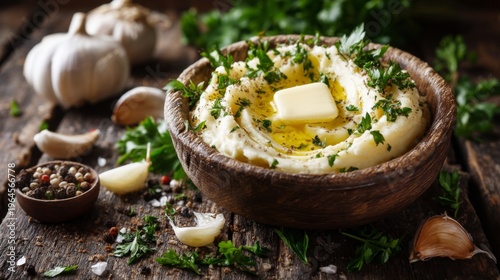 Creamy Mashed Potatoes with Butter and Fresh Herbs Served in Rustic Wooden Bowl on Dark Wooden Surface Surrounded by Garlic and Spices
