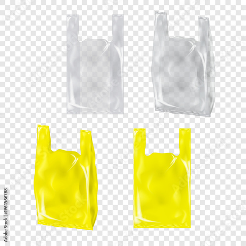Plastic T-shirt bag set. Transparent and opaque. Realistic vector mockup. Blank shopper Tshirt poly bag with handles. 3d mock-up. Carry polythene package. Template for design