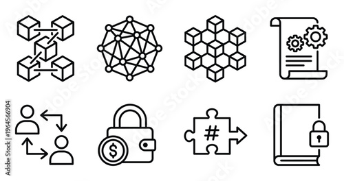Smart contract and financial security line icons for peer to peer trading and wallet management apps