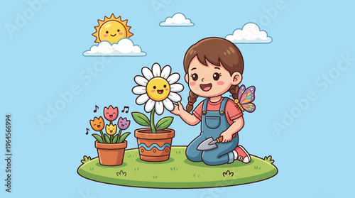 A delightful illustration of a girl tending to a cheerful flower, surrounded by sunny skies and playful clouds, evoking joy, nature, and childhood imagination.