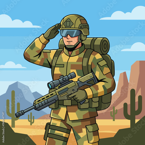 A soldier in camouflage is saluting against a desert backdrop, illustrating themes of bravery, service, and patriotism, symbolizing dedication and commitment to duty.