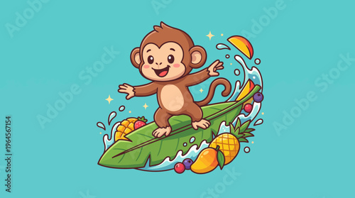 This cute illustration features a cheerful monkey joyfully surfing on a wave, presenting a playful and vibrant representation synonymous with freedom and fun in nature.