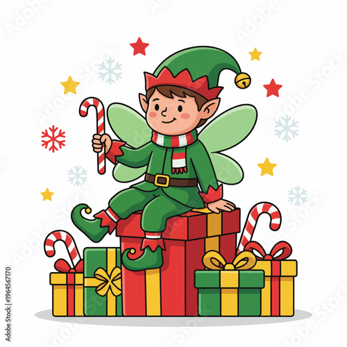 This adorable illustration shows a Christmas elf sitting merrily on a gift box, surrounded by candy canes, capturing the festive spirit of joy, giving, and holiday cheer.
