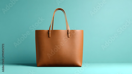 A brown leather handbag sits on a teal surface against a matching background.