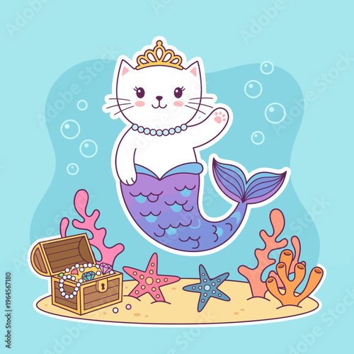 This adorable illustration features a cat mermaid wearing a crown and pearls, surrounded by colorful corals, treasure, and bubbles in a vibrant underwater setting.