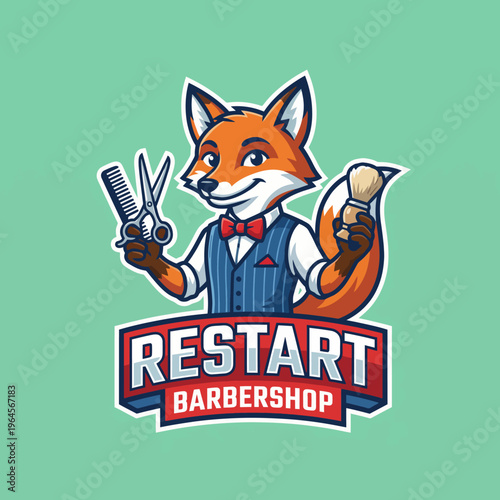 A charming logo featuring a friendly fox with barber tools, conveying a welcoming atmosphere for the Restart Barbershop, perfect for attracting customers looking for hair services.