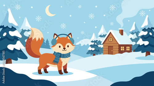 A charming fox in a cozy winter landscape, wearing earmuffs, stands peacefully in the snow, capturing the essence of the winter season's beauty and calm in a delightful scene.