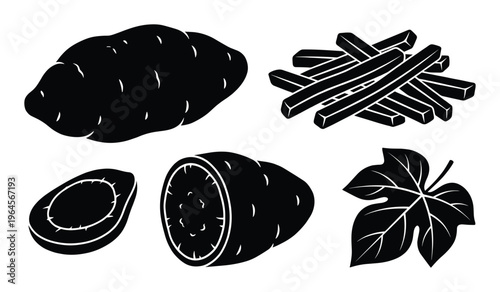 Sweet potato graphics set with whole tuber root sliced pieces french fries sticks and foliage leaf