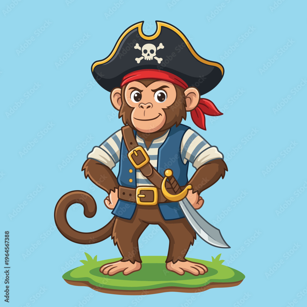 Obraz premium This playful pirate monkey character sports a striking outfit, complete with a sword and a classic pirate hat, exuding a fun and adventurous spirit perfect for casual themes.