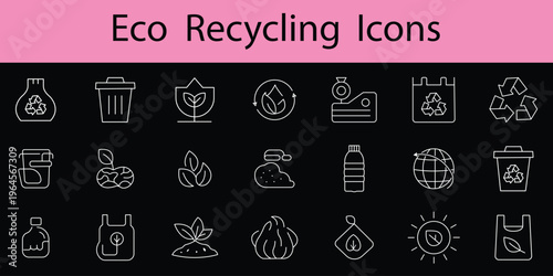 Ecology icons set. Nature, environment, recycle line icon set. Recycling and waste management line icon set with trash bins bottles boxes eco symbols sustainability environmental protection. eps 10