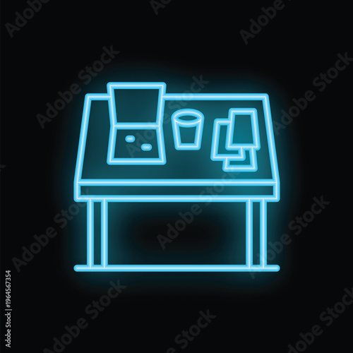 Neon sign depicting a street food stall with a blender, a cup and paper napkins on a table