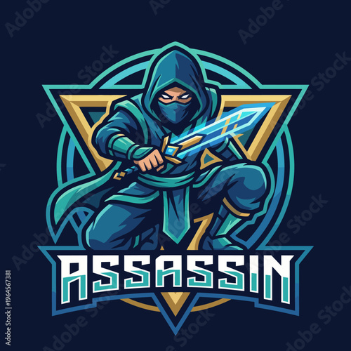 A dynamic assassin character depicted in an action pose, showcasing a stealthy figure in a hooded outfit, equipped with a gleaming sword ready for action.