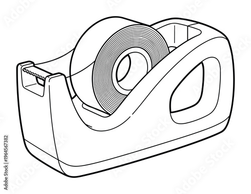 Tape dispenser with roll of adhesive tape, black outline on transparent grid