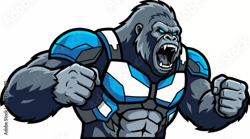 A strong, intimidating gorilla character in futuristic blue armor, flexing its muscles while showcasing power and ferocity, set against a simple background.