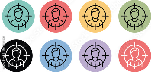 Set of eight colorful target audience icons featuring human silhouettes inside crosshairs for marketing and recruitment concepts.