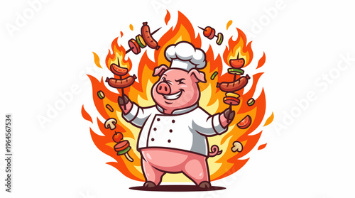 This lively illustration features a cheerful pig chef skillfully juggling grilled meats amidst flames, showcasing skill, joy in cooking, and a flare for fun culinary experiences.