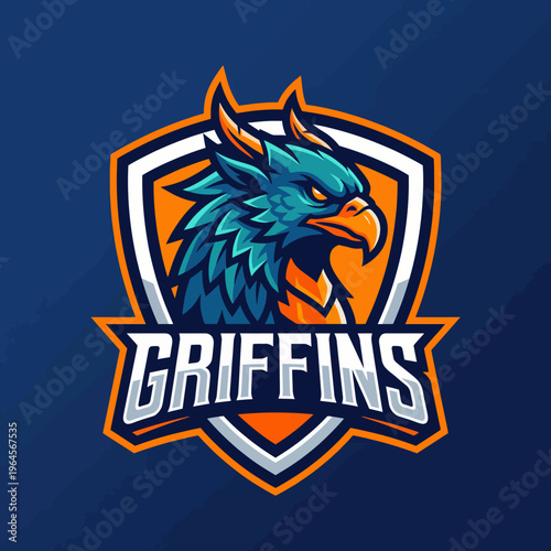 This powerful logo features a vibrant griffin in profile, enclosed within a shield, symbolizing strength and valor, ideal for branding teams or organizations in sports or gaming.