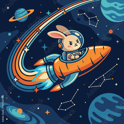 An imaginative illustration of a bunny piloting a rocket through space, embodying adventure and curiosity, with planets and stars creating a vibrant cosmic backdrop.