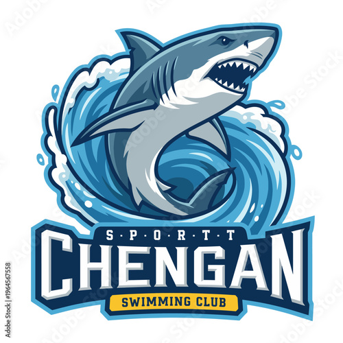 This vibrant logo showcases a shark jumping from a wave, embodying strength and agility, ideal for a sports or swimming club seeking an exciting brand identity.