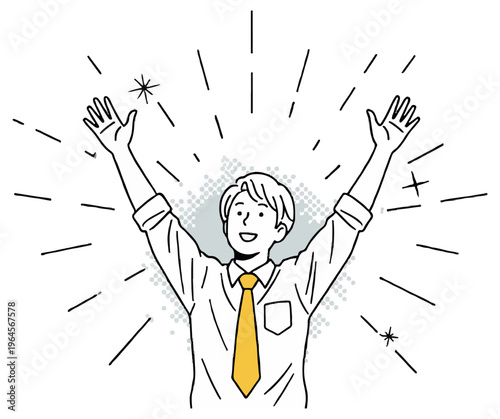 A man in a white dress shirt with a pocket and a yellow necktie raises his arms in joy amidst radiating black lines and small black stars.