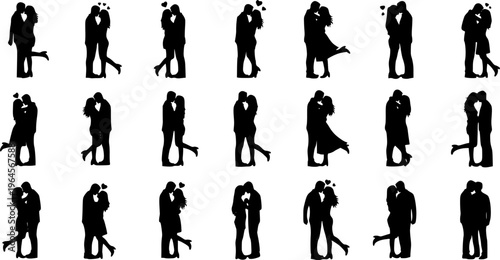 Romantic couple in various poses silhouettes collection set. Couple falling in love different poses isolated on white background silhouette set.
