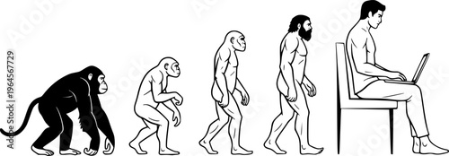 Evolution of man from ape to human using a laptop in black and white illustration showing progress
