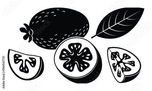 Whole and sliced feijoa fruit with a leaf set isolated on transparent background