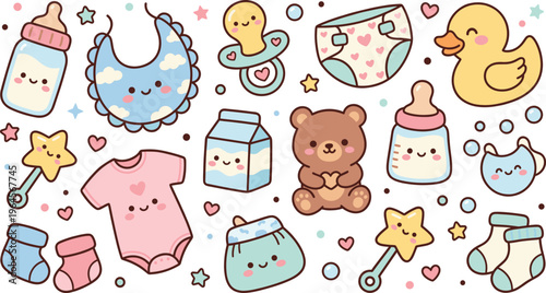 Cute Baby Cartoon Vector Set Featuring Kawaii Nursery Items, Toys, Bottles, Clothes, and Infant Essentials for Childcare Design and Baby Shower Projects