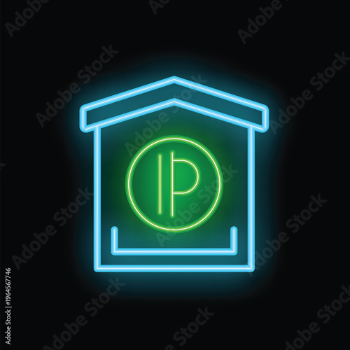 Glowing neon icon of a house with an ip address inside, representing a secure and protected network