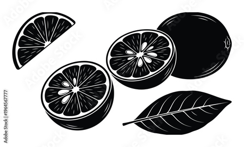 Whole and sliced orange fruit with a leaf set isolated on transparent background