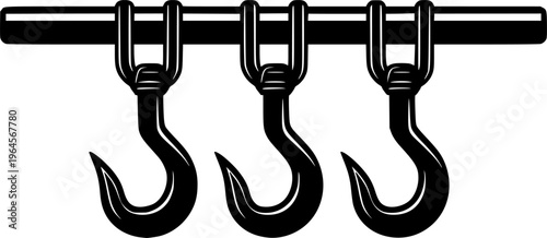 Industrial-style meat hooks hanging in a row in monochrome design
