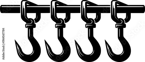 Industrial-style meat hooks hanging in a row in monochrome design
