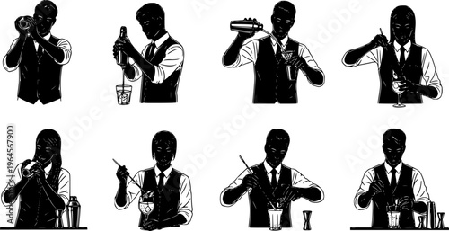 Set of bartender silhouette vector on white background
