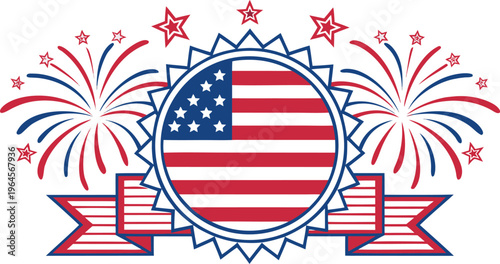 American flag badge with fireworks and ribbons stars