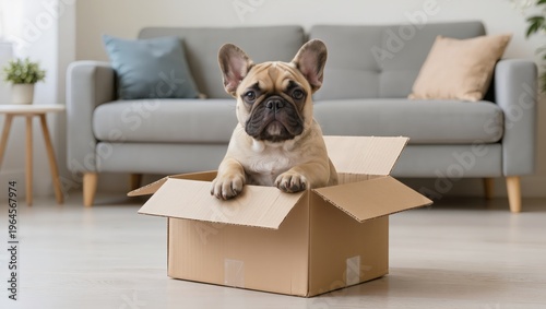 French Bulldog puppy sitting inside a cardboard box in a living room w.