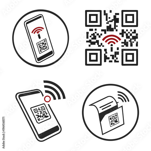 QR code scanning and wireless communication icons on white background barcode scanner