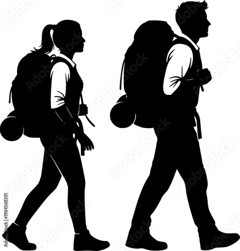 backpacker vector silhouettes, Male and female hiker with backpack, Climber hiker backpacker silhouette
