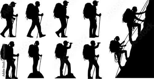 backpacker vector silhouettes, Male and female hiker with backpack, Climber hiker backpacker silhouette
