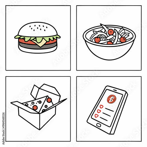 Food delivery icons including burger salad pizza and mobile phone order online