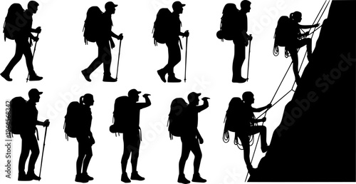 backpacker vector silhouettes, Male and female hiker with backpack, Climber hiker backpacker silhouette
