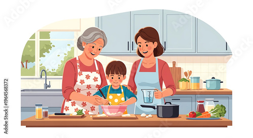 Multi-generational family bonding in the kitchen, with grandmother, mother, and child happily preparing a meal together, fostering culinary skills and shared joy